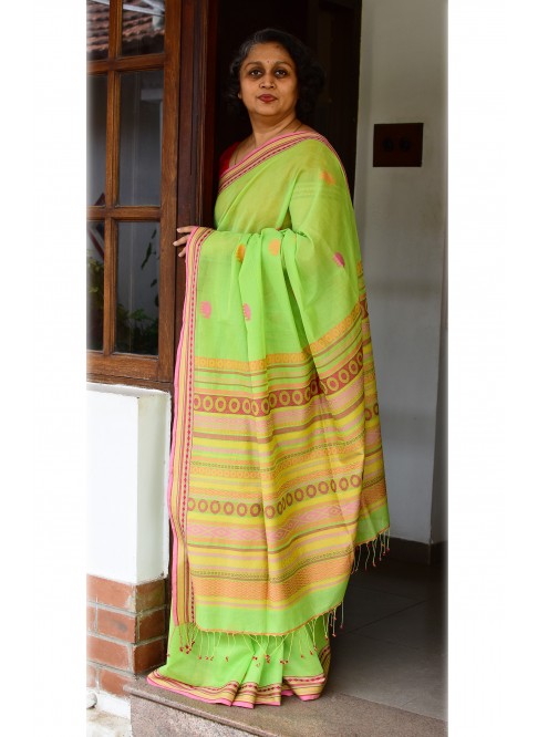 Parrot Green, Handwoven Organic Cotton, Plain Weave , Jacquard, Work Wear, Butta Saree
